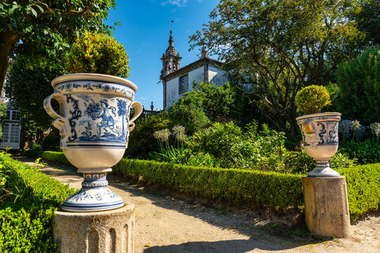 Stunning ceramic vases in the gardens of the Pazo de Oca palace, Galicia.