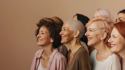 Fototapeta premium A group of diverse women of various ages and hairstyles smile warmly, exuding a sense of unity, beauty, and empowerment against a neutral backdrop.