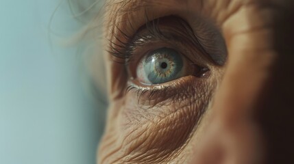 Fototapeta premium Close-up of an elderly person's blue eye, emphasizing wrinkles and the depth of life experiences captured in the delicate eye area.