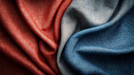 Fototapeta premium Textured fabric display featuring red, gray, and blue colors artistically arranged for inspiration