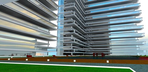 View from the courtyard of the corner exterior of an innovative condominium featuring extended long glass balconies along the facade. 3D rendering.