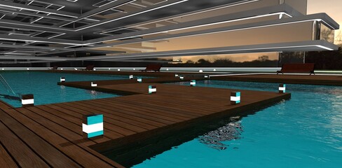 Design of a wooden pier with nighttime floor lamps at the territory of an elite hotel complex with a modern glass facade. 3D rendering.