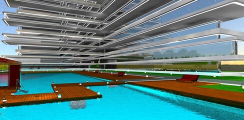 Wooden walkway across the pool to the patio at the territory of a luxurious residential complex built with modern design. 3D rendering.
