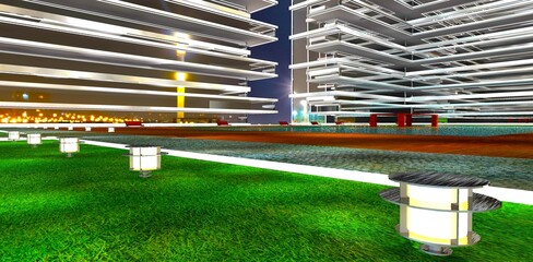 Night lawn lights along the white border of the pedestrian area in the courtyard of an advanced condominium in the evening. 3D rendering..jpg