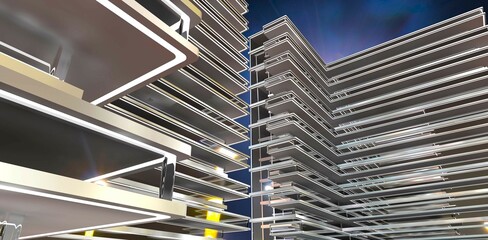A view from below of the exterior of an exclusive condominium featuring elegant glass balconies along the facade against the night sky. 3D rendering.