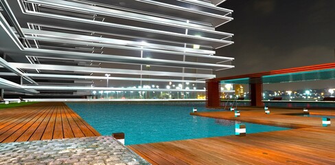 Wooden decking of the pier with lighting lamps near a luxury hotel at night. 3D rendering.