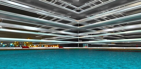 View from the azure pool at the inner corner of an elegant condominium. Reflection of nighttime lights in the glass facade. 3D rendering.