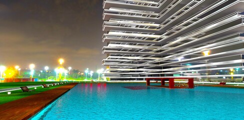Waterfront with benches and lawn lights along a large azure pool on the grounds of an elite home against the backdrop of a nighttime village. 3D rendering.