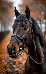 Obraz premium Horse amid autumn leaves. A majestic horse stands still, displaying its glossy coat amidst a backdrop of vibrant autumn leaves along a misty path.