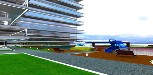 The docking area near the upscale hotel features two moored motorboats waiting for guests. 3D rendering.