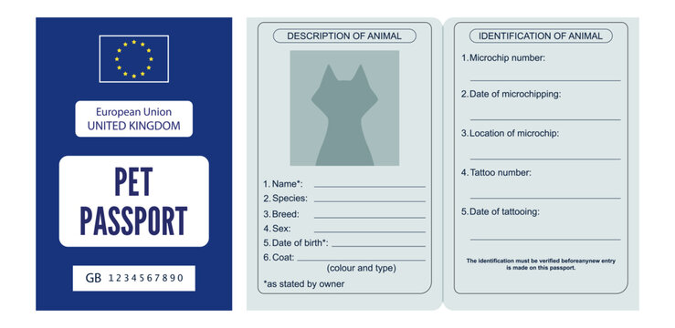 Pet passport. European Union UK pet passport with page of description and identification of animal