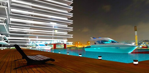 High-tech hotel area with a private docking zone, view of a light motorboat at anchor at night. 3D rendering.
