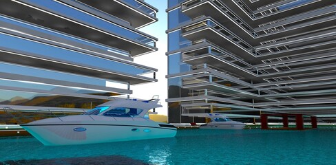 A white motor yacht at anchor in the docking area of a modern condominium courtyard designed for affluent residents. 3D rendering.