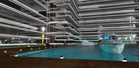 Docking area of an upscale residential complex in Oregon. Illuminated pilings along the water for boat mooring. 3D rendering.