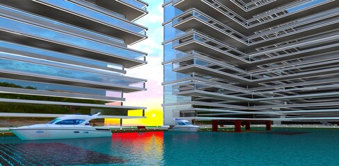The rising sun in the passage between buildings leads to the docking area where a magnificent light motor yacht is anchored. 3D rendering.