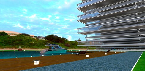 Well-maintained courtyard of a high-tech condominium built on the shores of a marine bay with yacht docking facilities. 3D rendering.