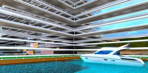 Multi-level condominium with its own docking area for mooring small vessels. View of the corner facade of the building. 3D rendering.
