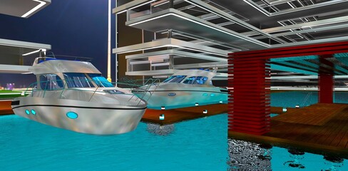 Design of a docking area for guest vessels at an elite modern hotel. View of the wooden pier with yachts. 3D rendering.