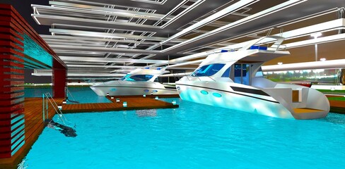 Two motorboats docked at a wooden pier at night on the grounds of an elite condominium built on the shores of a quiet bay. 3D rendering.