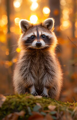 A raccoon resting on moss in a golden forest. A raccoon sits on a mossy log, surrounded by autumn foliage and warm, golden light filtering through the trees in the forest.