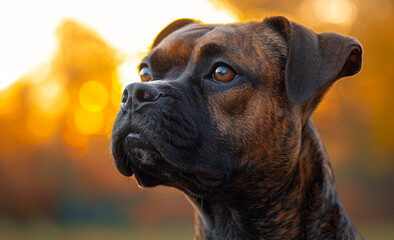 Fototapeta premium Brown brindle dog gazes thoughtfully during sunset. A brown brindle dog stands attentively, enjoying the warm sunset light and colorful autumn background, showcasing its striking features.