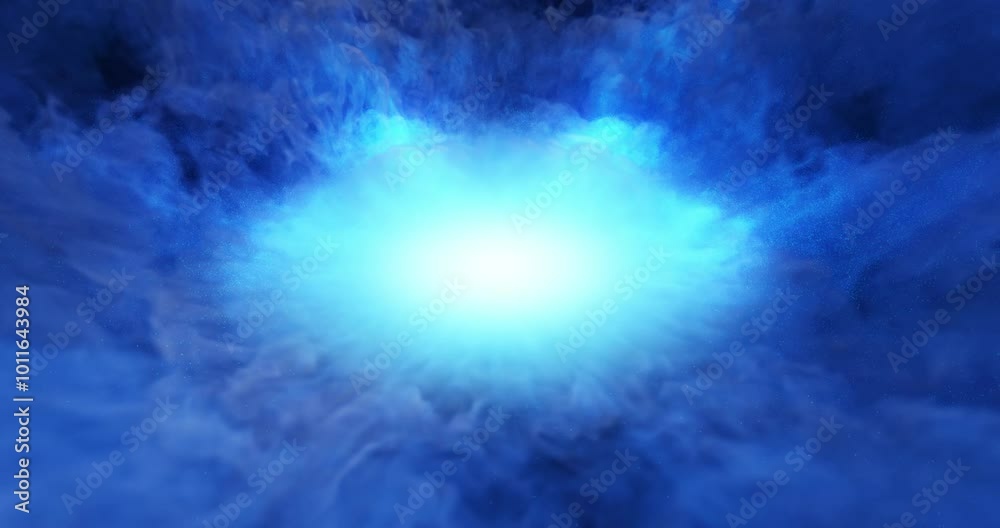 Poster looping vfx featuring a swirling vortex of ethereal blue smoke. white light emanates from the center