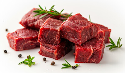 Freshly cut cubes of beef with herbs for cooking. Cubes of raw beef are arranged with fresh herbs and spices ready for preparation in a kitchen setting.
