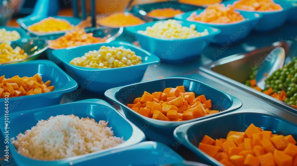 Sticker Blue trays filled with a diverse assortment of diced vegetables and grains, showcasing the vibrant essence of a healthy, balanced diet.