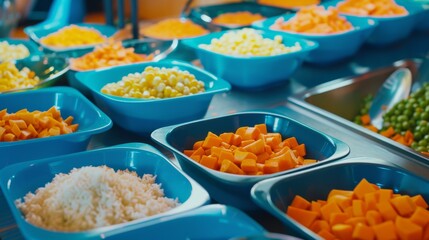 Blue trays filled with a diverse assortment of diced vegetables and grains, showcasing the vibrant essence of a healthy, balanced diet.