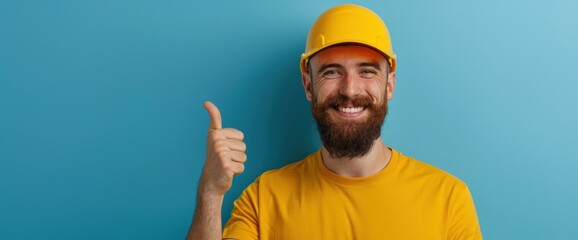 A man with a yellow shirt and a yellow hard hat is giving a thumbs up