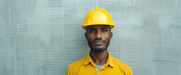 A man wearing a yellow hard hat is standing in front of a gray wall