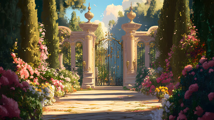 Elegant palace entrance with ornate gates and manicured gardens. Enchanted Garden. Illustration