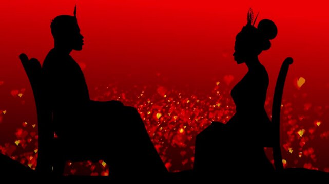 Silhouette of an African King and Queen Backlit by an Red Background With Floating Heart Symbols