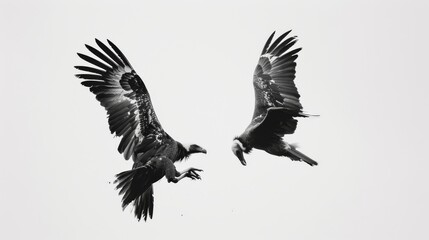 Obraz premium Two large birds engage in a silent aerial dance, contrasting sharply against a stark white sky.