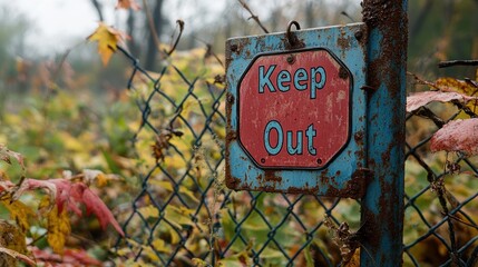 A rusted Keep Out sign attached to a weathered fence surrounded by colorful autumn leaves in a natural, forested area