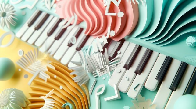 A colorful, abstract representation of piano keys, blending whimsy and creativity in vibrant pastel shades with playful, dynamic forms.