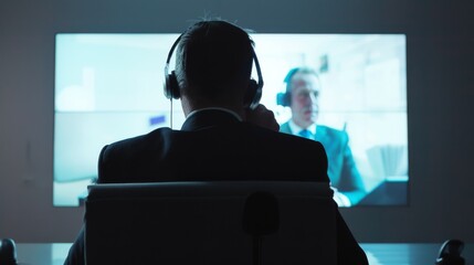 A businessman in a suit, seated and wearing headphones, watches a large screen, depicting a blurred figure, in a dimly lit office setting.