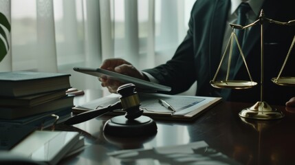 A lawyer in a suit at a desk examines documents; a gavel and scales symbolize justice and law in a sunlit office.