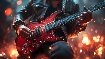 Obraz premium Red Electric Guitar Player Closeup Illustration
