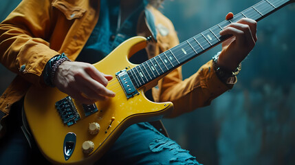 Fototapeta premium Close Up of Guitarist Playing Yellow Electric Guitar - Photo