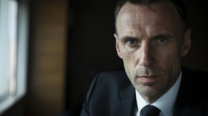 Fototapeta premium A serious-minded businessman in a suit stares intently at the camera, seated in a dimly lit office with a contemplative expression conveying intensity and focus.
