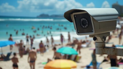 A surveillance camera stands watch over a vibrant beach filled with sunbathers and colorful umbrellas, embodying a typical day of seaside enjoyment