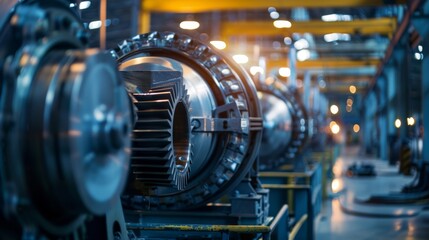 A row of advanced machinery in a factory, showcasing precision engineering and high-tech components under warm industrial lighting.