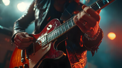 Obraz premium Guitarist Playing Electric Guitar on Stage with Red and Blue Lighting Photo