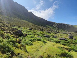 Scenic Summer Landscape Of Green Hills And Rocky Mountains In Rural Ireland