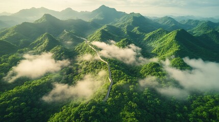Majestic Great Wall of China: Mountainous Panorama with Fog, Shot with Nikon Z7 II in Muted Cool Tones