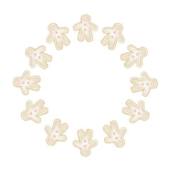 Gingerbread men. Round frame on white background for textiles and wrapping paper. Cute watercolor Christmas illustration