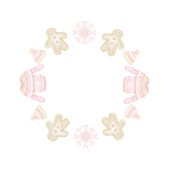 Gingerbread men, hats, sweaters, snowflakes. Round frame on white background for textiles and wrapping paper. Cute watercolor Christmas illustration