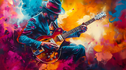 Guitarist in Colorful Abstract Painting Illustration