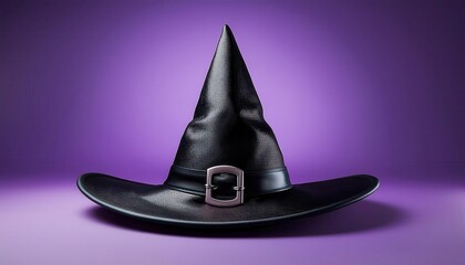 Fototapeta premium Black Witches' Hat with Silver Buckle on Purple Background. Pointed Wizard Hat for Halloween, Magic, and Witchcraft Themes, Perfect for Costumes, Spooky Decorations, and Fantasy Scenes